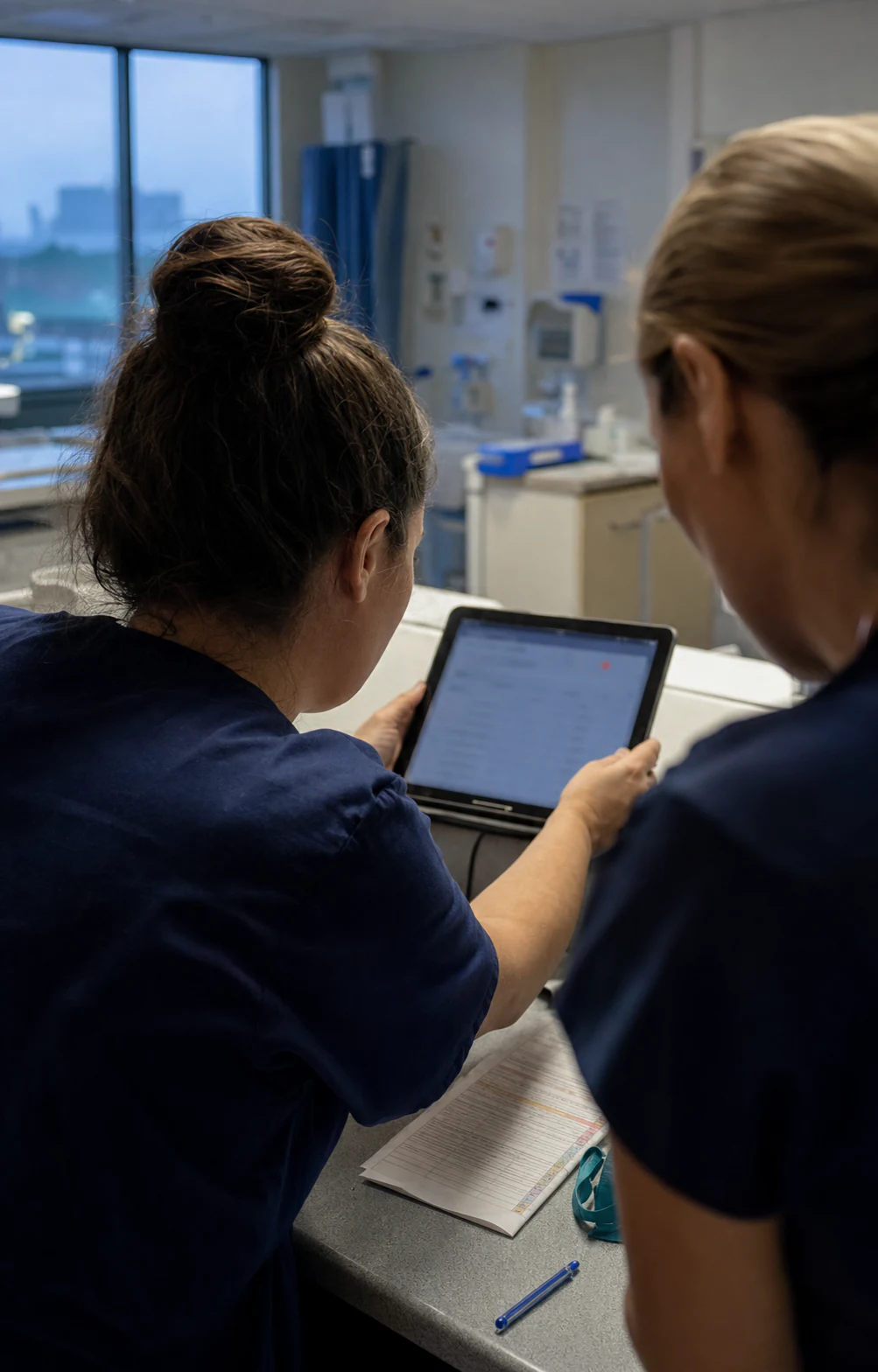 Two clinicians reviewing an illustrative patient event during morning handoff